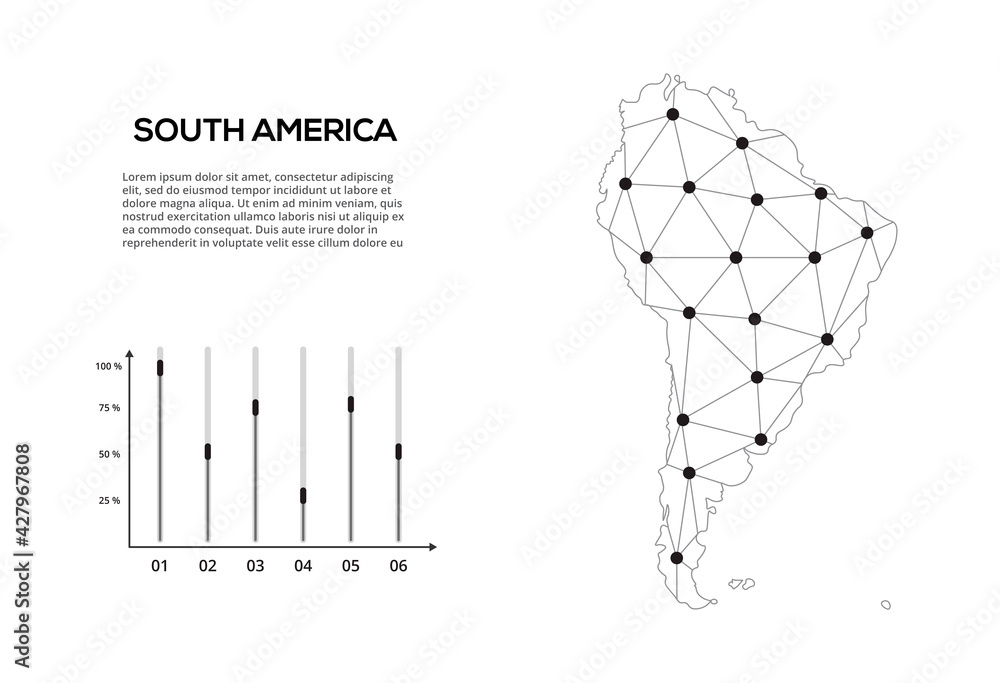 Poster south america communication network map. vector image of a low poly global map with city lights. map