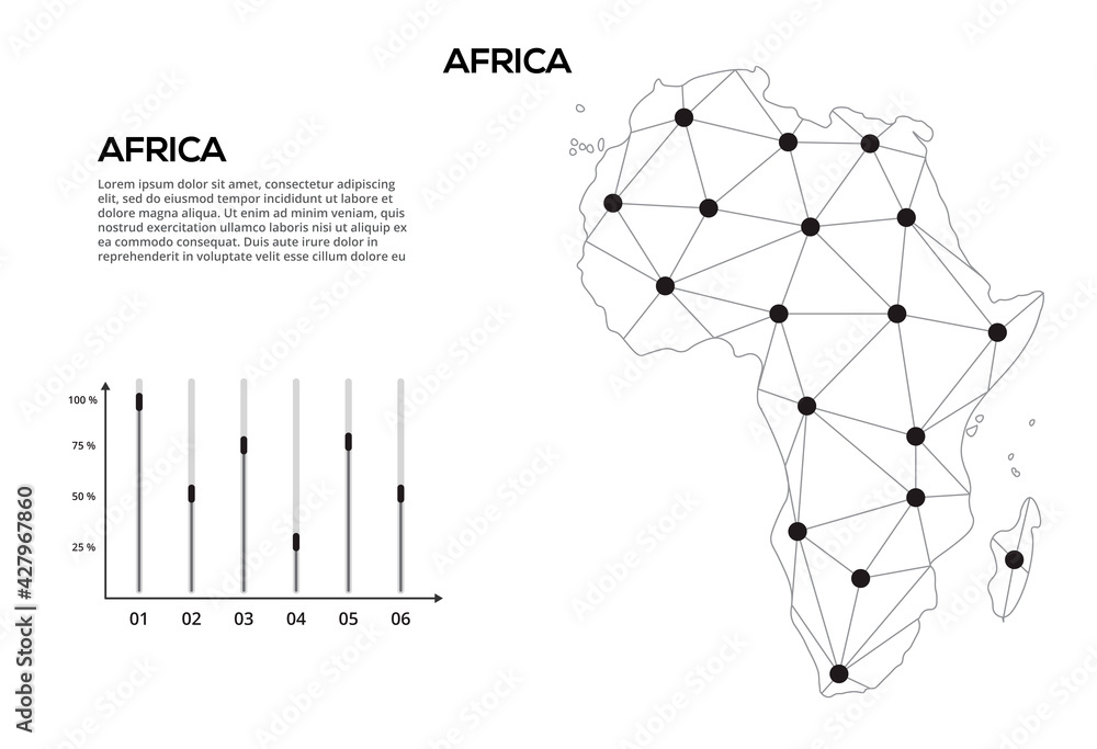 Poster africa communication network map. vector image of a low poly global map with city lights. map in the