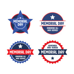 Memorial day badge collection. United States of America patriotic day emblem design. Red white and blue american symbol.