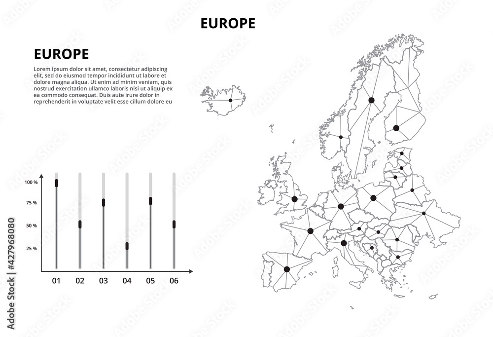 Poster europe communication network map. vector image of a low poly global map with city lights. map in the