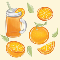 Citrus fruit. Natural orange juice in a glass. Fresh squeezed juice with cut slice. Healthy organic food.