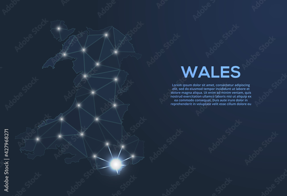 Poster wales communication network map. vector low poly image of a global map with lights in the form of ci