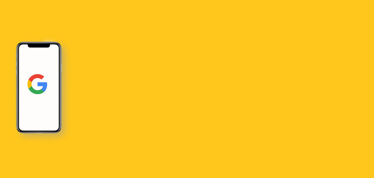 California, USA - 15 April 2021 GAFA icons on smartphone screens with blue background banner -,Google