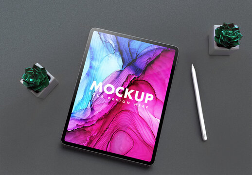 Tablet Mockup with Doodle Pen with Trendy Succulents Flowers