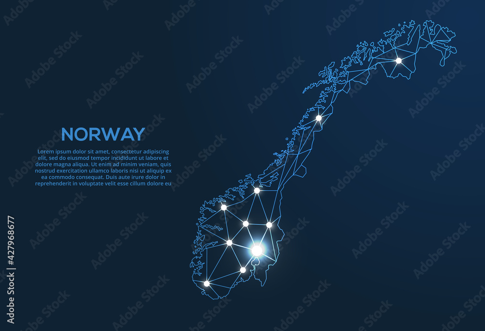 Poster norway communication network map. vector low poly image of a global map with lights in the form of c