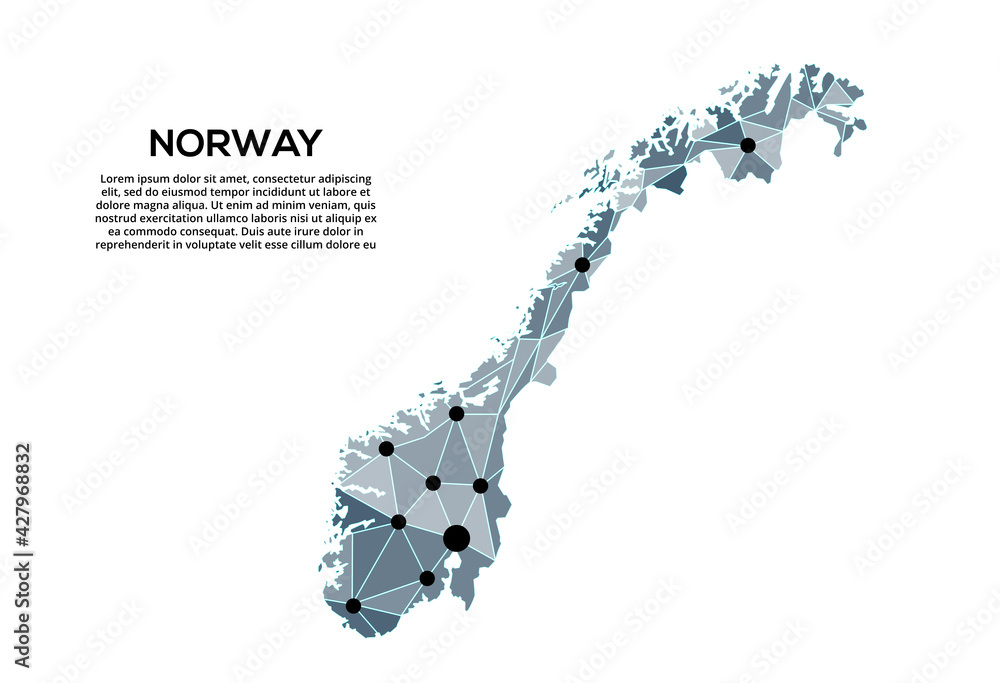 Poster norway communication network map. vector image of a low poly global map with city lights. map in the