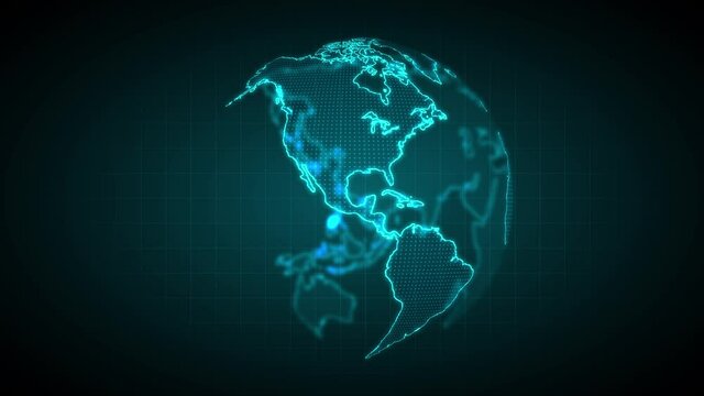 Abstract digital globe turning. World map spinning on dark blue gradient background. International business and connection concept.