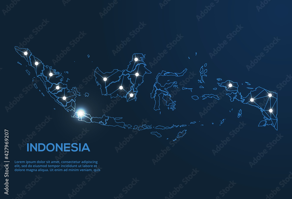 Poster indonesia communication network map. vector low poly image of a global map with lights in the form o