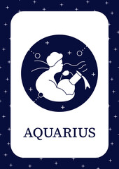 Aquarius card icon.Eleventh fire sign in zodiac. Horoscope card sign template. Flyer, magazine, poster, booklet. Astrological science infographic concept