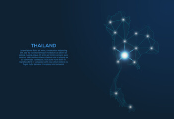 Thailand communication network map. Vector low poly image of a global map with lights in the form of cities. Map in the form of a constellation, mute and stars