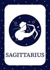 Sagittarius card icon.Ninth fire sign in zodiac.Shooter birth template.Flyer,magazine,poster,booklet. Horoscope sign. Astrological science infographic concept