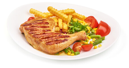 Grilled chicken legs with potato fry, isolated on white background