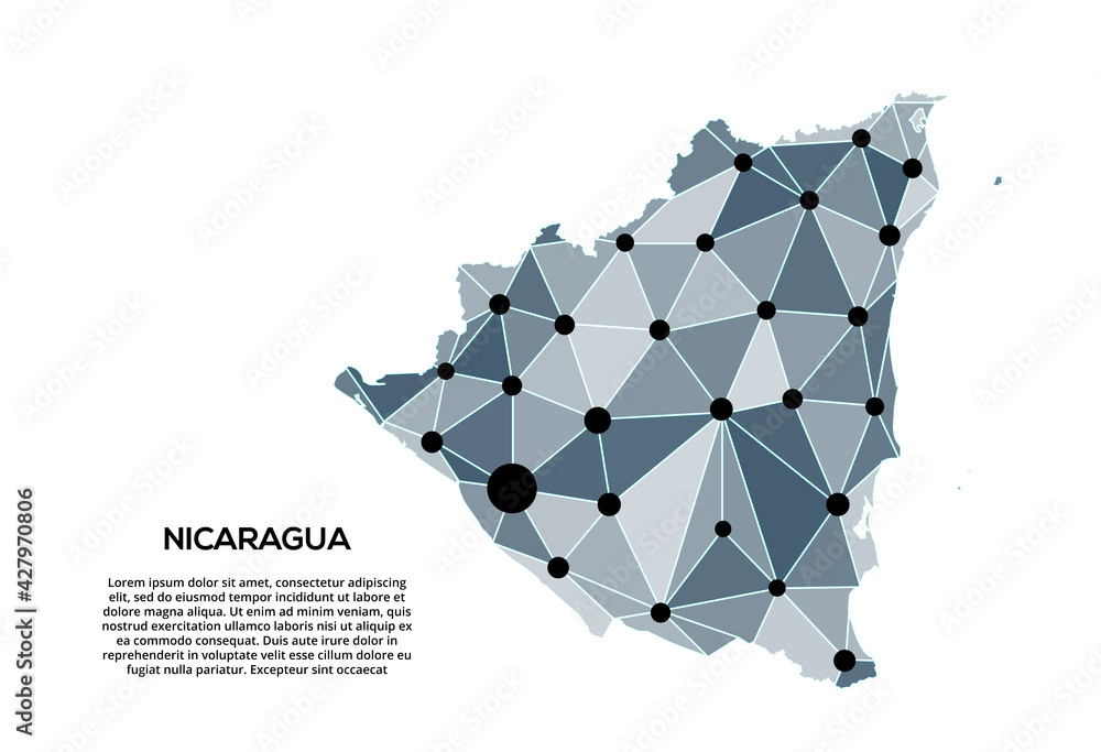 Poster Nicaragua communication network map. Vector image of a low poly global map with city lights. Map in the form of triangles and dots