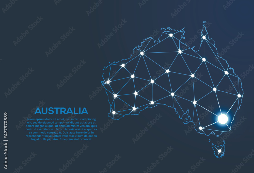 Poster australia communication network map. vector low poly image of a global map with lights in the form o