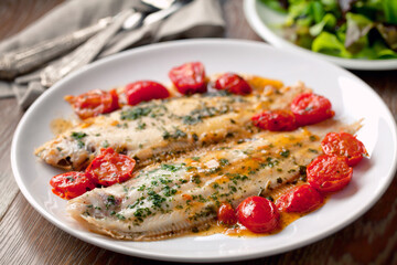 Sole with cherry tomatoes on a plate. High quality photo.