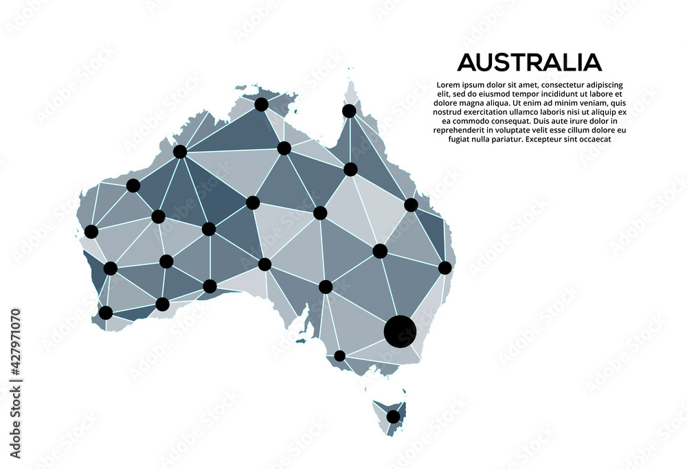 Poster australia communication network map. vector image of a low poly global map with city lights. map in 