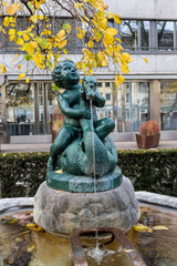 boy holding a swan on a public water fountain in Basel city. Basel is famous for a lot of traditional water fountains in different sculpture forms.