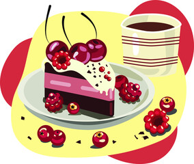 vector illustration of a chocolate with the cherries on the top. Berries. Raspberries. Cup of coffee with a cake.