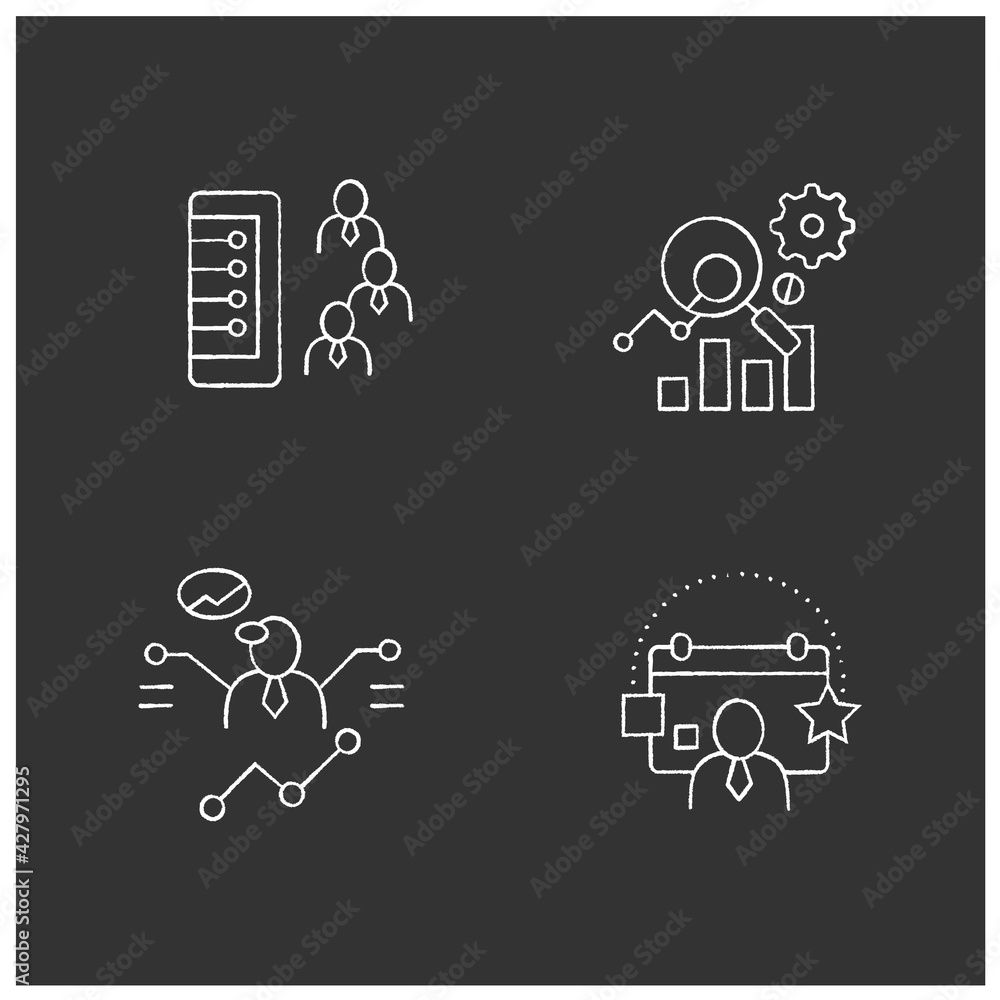 Poster customer data platform chalk icons set. client database, measurement analytics, predictions, events.