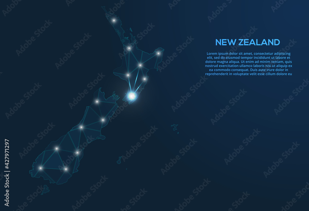 Poster new zealand communication network map. vector low poly image of a global map with lights in the form