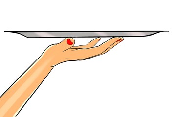 female hand holding an empty tray color isolated illustration