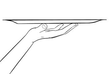 female hand holding an empty tray contour isolated illustration