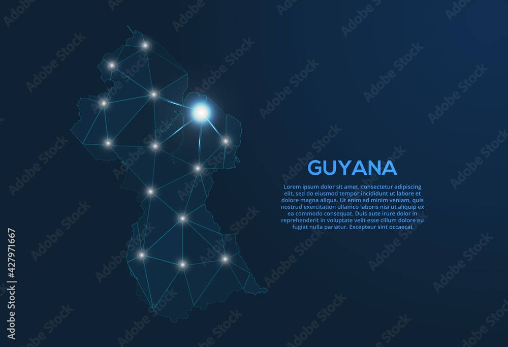 Poster guyana communication network map. vector low poly image of a global map with lights in the form of c