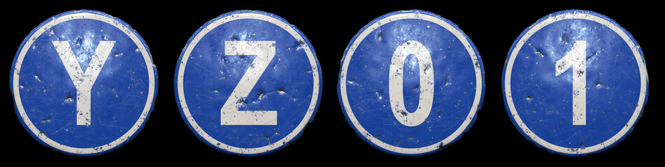 Set of public road sign in blue color with a capitol white letters Y, Z and number 0, 1 in the center isolated black background. 3d