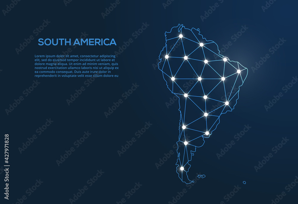 Poster south america communication network map. vector low poly image of a global map with lights in the fo