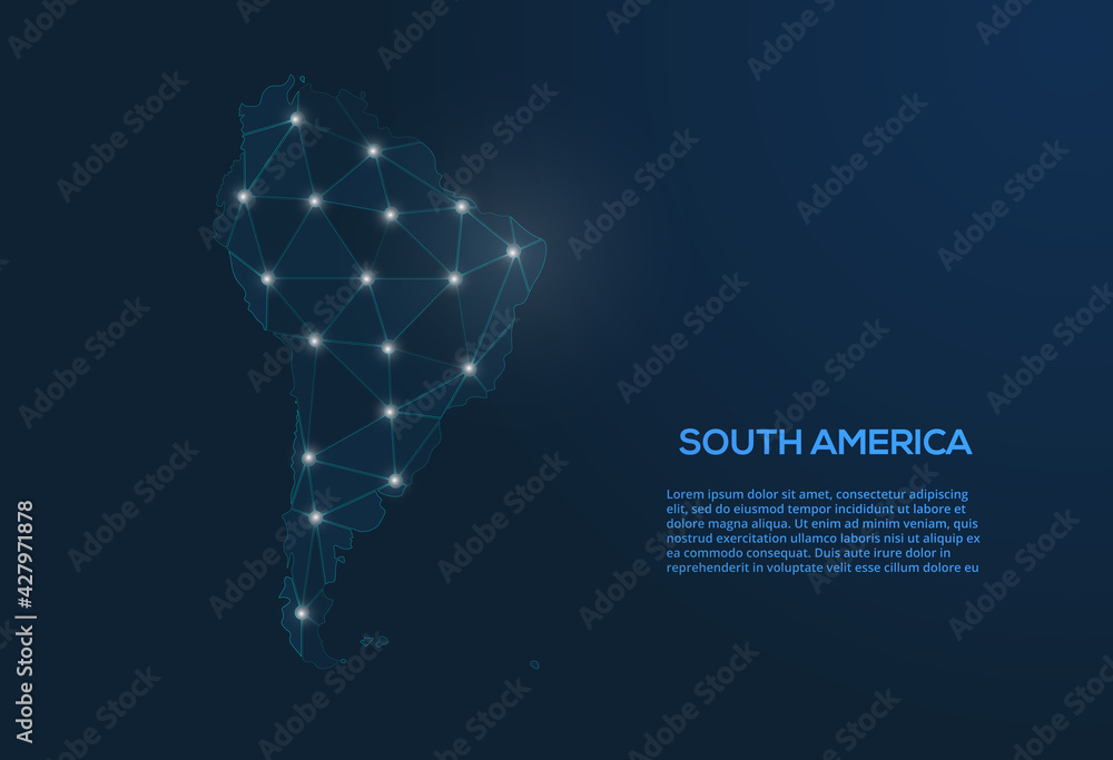 Aufkleber south america communication network map. vector low poly image of a global map with lights in the fo