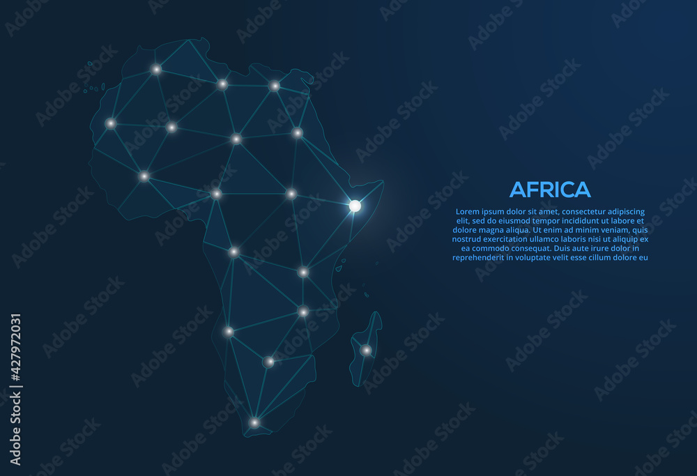 Poster africa communication network map. vector low poly image of a global map with lights in the form of c