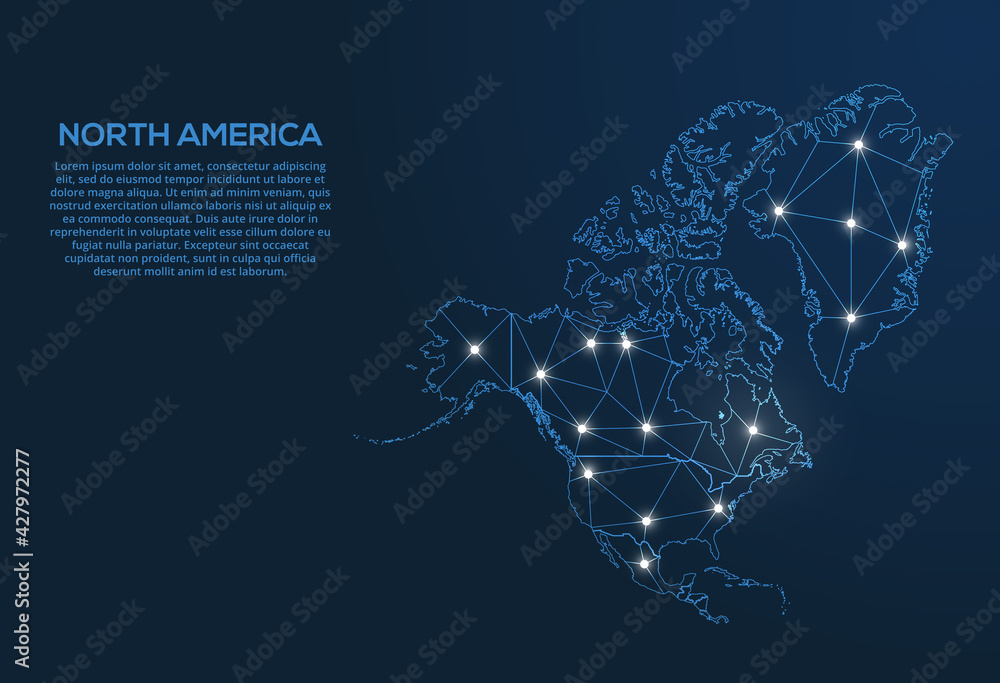 Poster north america communication network map. vector low poly image of a global map with lights in the fo