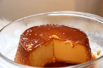 caramel cake in a bowl,closeup