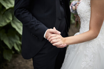 Bride and groom holding hands outdoors,  wedding theme