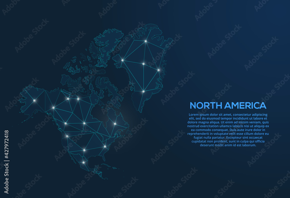 Aufkleber north america communication network map. vector low poly image of a global map with lights in the fo