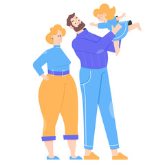 The family stands together. Cheerful blonde mom, dad is holding a cute daughter. Man, woman and girl. Happy bright characters. Vector flat illustration.