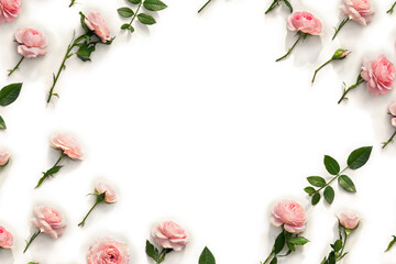 Obraz na płótnie Canvas Flowers pink roses with leaves on a white background with space for text. Top view, flat lay