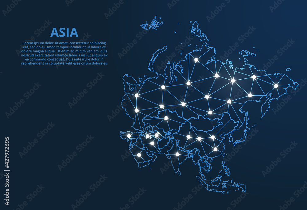 Poster asia communication network map. vector low poly image of a global map with lights in the form of cit