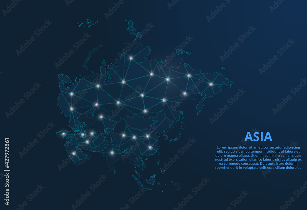 Poster asia communication network map. vector low poly image of a global map with lights in the form of cit