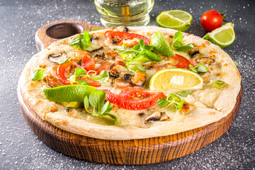Homemade pizza with seafood