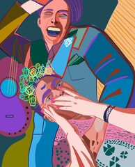 Frida Kahlo Mexico portrait illustration with another girl abstract cubism colorful background Mexican girls