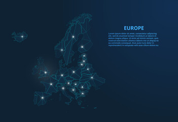 Obraz na płótnie Canvas Europe communication network map. Vector low poly image of a global map with lights in the form of cities. Map in the form of a constellation, mute and stars