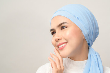 close up of young beautiful muslim woman with hijab isolated on white background studio, muslim...