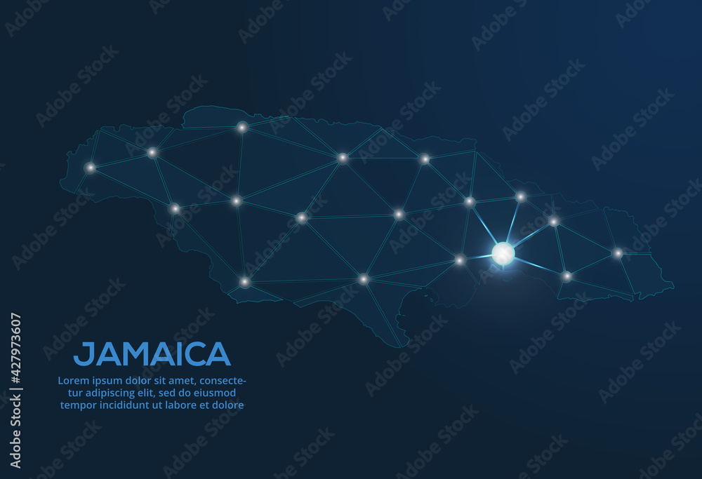 Poster jamaica communication network map. vector low poly image of a global map with lights in the form of 