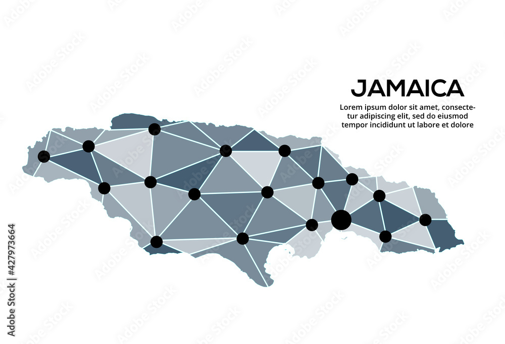 Poster jamaica communication network map. vector image of a low poly global map with city lights. map in th