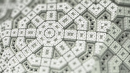 Abstract 3D fractal background with recursive shapes and a depth of field effect.