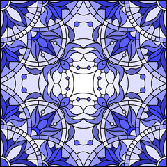 Illustration in stained glass style with abstract  swirls and leaves  on a light background,square orientation, tone blue