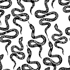 Snake pattern, black and white celestial serpent seamless pattern. Snake silhouettes in boho, mystical graphic style. Vector illustration bohemian ornament in linocut style. Mystic serpent background