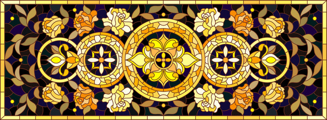 Illustration in stained glass style with floral ornament ,imitation gold on dark background with swirls and floral motif, horizontal orientation