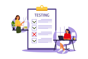 Concept of online exam on internet. Woman sitting near online form survey on laptop. Questionnaire, web learning, electronic voting. Vector illustration.